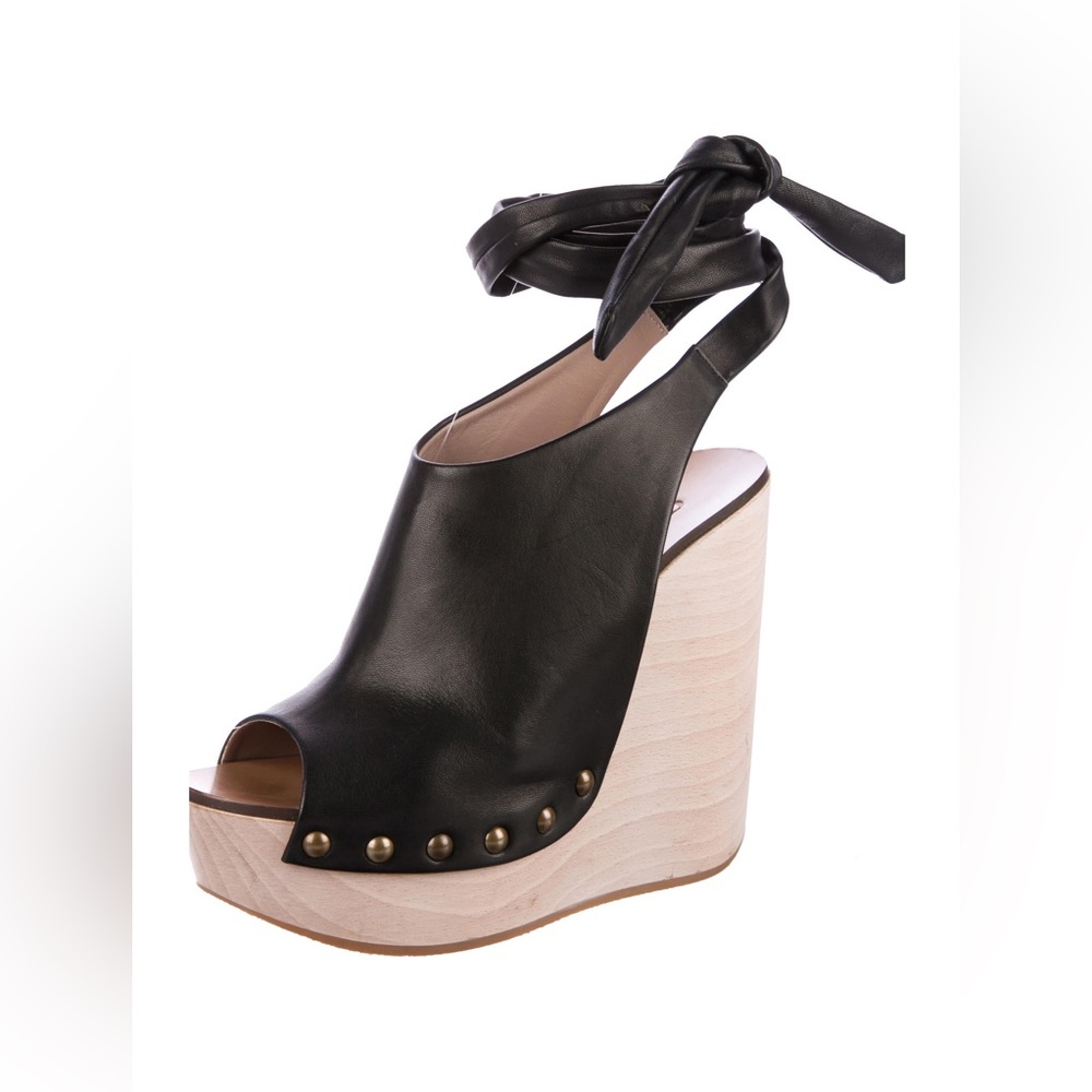 Chloé Penelope Black Lambskin Leather Ankle Wrap Platform Wedge - 6.5(Narrow)